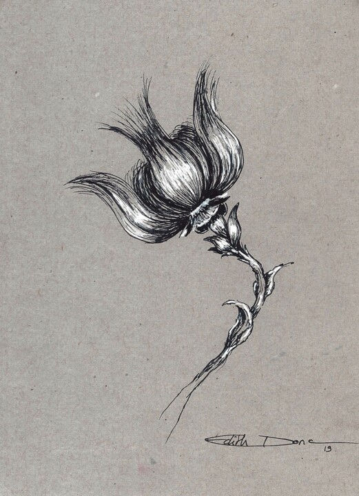 Dessin intitulée "L'oiseau fleur" par Edith Bos Boyer (EDITH DONC), Œuvre d'art originale, Stylo à bille