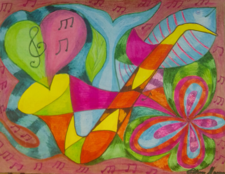 Dibujo titulada "Saxofone" por Edson Moura, Obra de arte original, Tiza Montado en Otro panel rígido