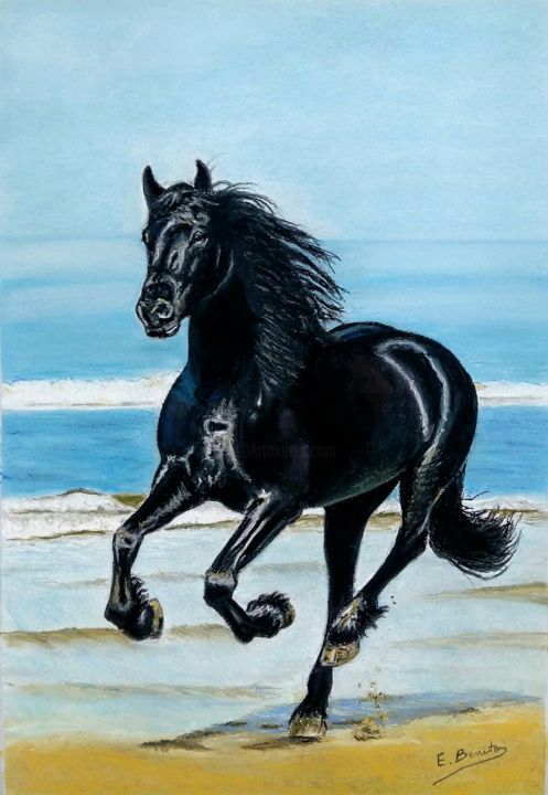 Dibujo titulada "Black horse" por Eduardo Benito, Obra de arte original, Pastel