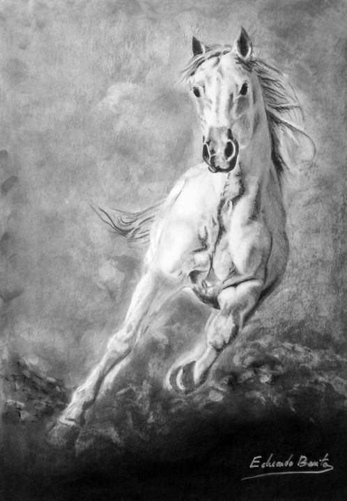 Dibujo titulada "White horse" por Eduardo Benito, Obra de arte original, Grafito