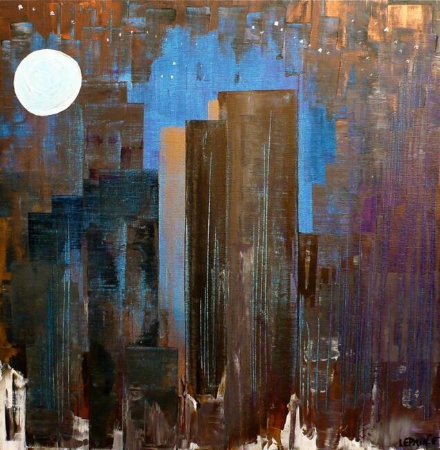 Peinture intitulée "MANHATTAN BY NIGHT" par Edwige Leprin, Œuvre d'art originale, Huile