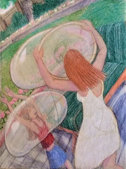 Disegno intitolato "Girls with Bubbles" da Edwin Loftus, Opera d'arte originale, Matita Montato su Altro pannello rigido