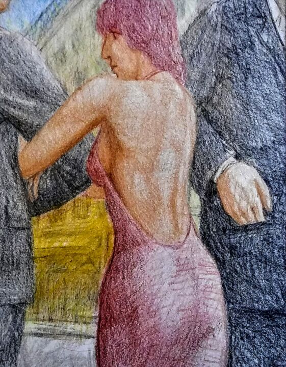 Tekening getiteld "Woman with Escort" door Edwin Loftus, Origineel Kunstwerk, Pastel Gemonteerd op Andere stijve panelen