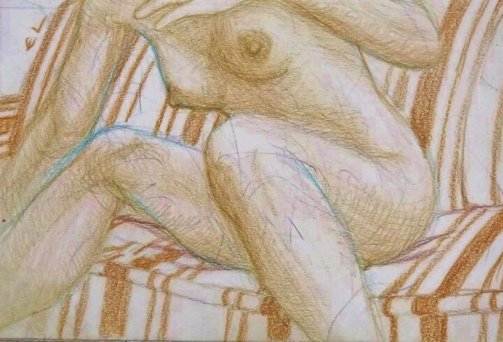 Zeichnungen mit dem Titel "Nude on a Bench Swi…" von Edwin Loftus, Original-Kunstwerk, Pastell Auf Andere starre Platte mont…