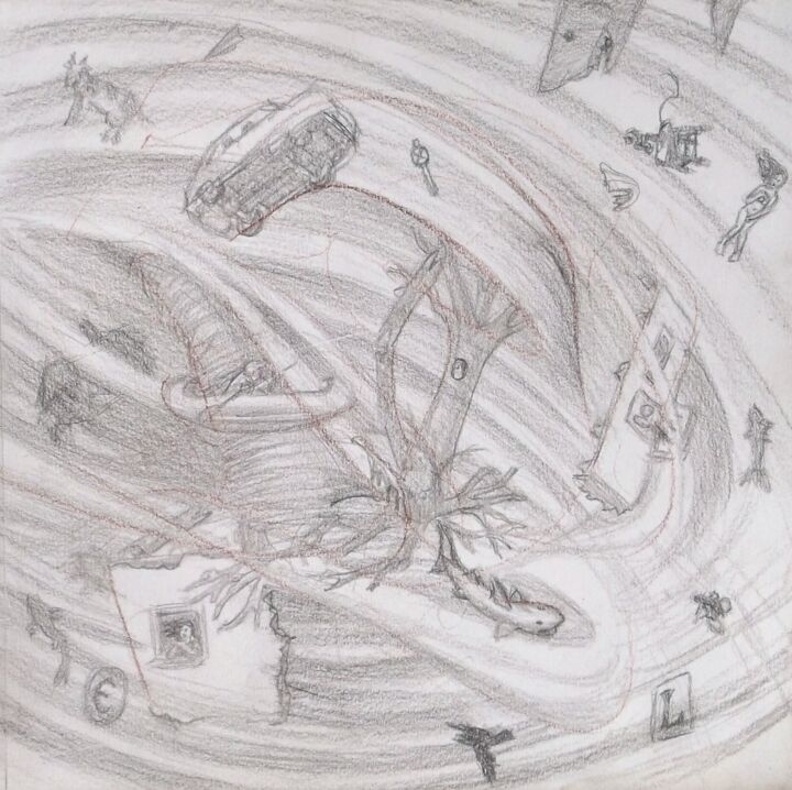 Dessin intitulée "Tornado" par Edwin Loftus, Œuvre d'art originale, Crayon Monté sur Autre panneau rigide