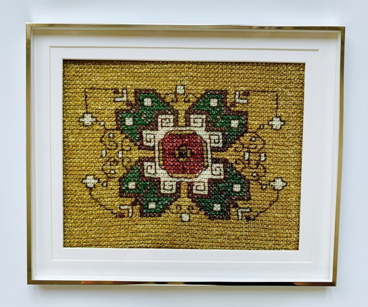 Art textile intitulée "Fleur sur un fond d…" par Ek, Œuvre d'art originale, Broderie Monté sur Verre