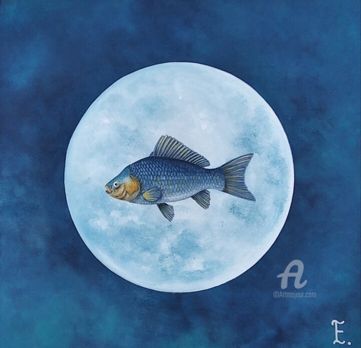 「Лунная рыба」というタイトルの絵画 Екатерина Бесполоваによって, オリジナルのアートワーク, アクリル その他の剛性パネルにマウント