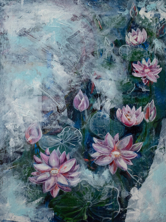 Malerei mit dem Titel "LOTUSES!Krishna's c…" von Ekaterina Gustova, Original-Kunstwerk, Acryl Auf Keilrahmen aus Holz montie…