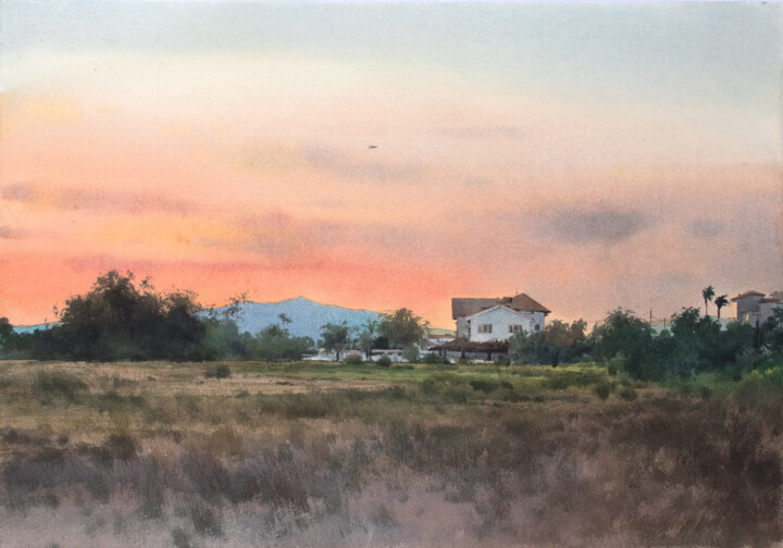 Schilderij getiteld "Red sky in Mazotos…" door Ekaterina Lagutina, Origineel Kunstwerk, Aquarel