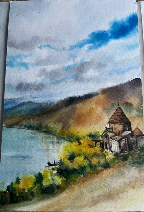 Painting titled "Lake Sevan" by Ekaterina Pekhova, Original Artwork, Watercolor