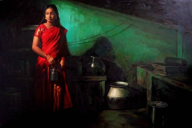 Ζωγραφική με τίτλο "green with red" από S.Elayaraja, Αυθεντικά έργα τέχνης, Λάδι