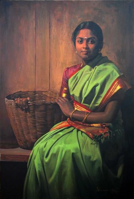 Schilderij getiteld "villege women" door S.Elayaraja, Origineel Kunstwerk, Olie
