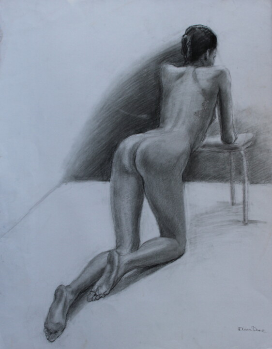 Dessin intitulée "Lady and a tabouret" par Elena Done, Œuvre d'art originale, Crayon