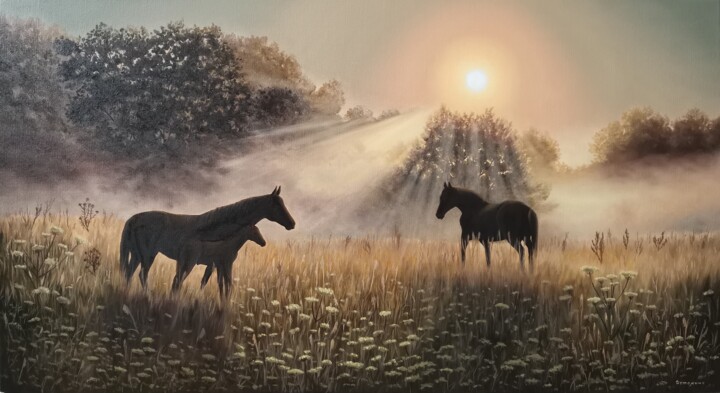 Painting titled "Foggy morning" by Elena Istomina, Original Artwork, Oil