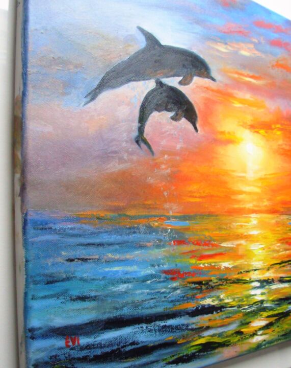 Dolphins Couple Dot Painting, Dolphinit, Painting by Olesea Arts