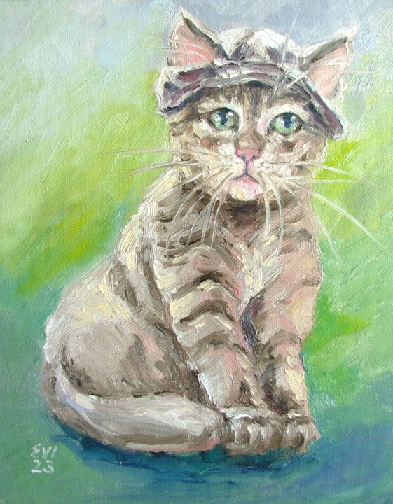Pittura intitolato "Cat in hat Animal O…" da Elena Ivanova, Opera d'arte originale, Olio Montato su Cartone