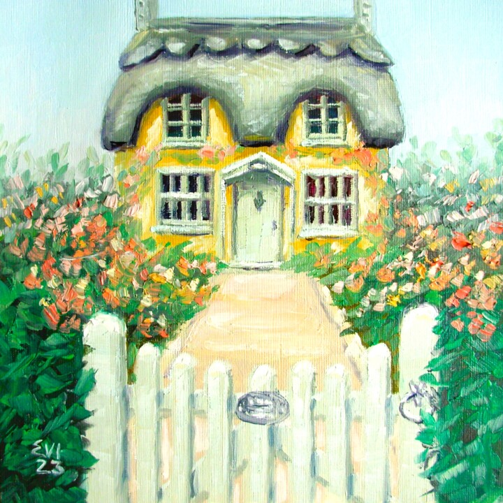Картина под названием "British Cottage Lan…" - Elena Ivanova, Подлинное произведение искусства, Масло