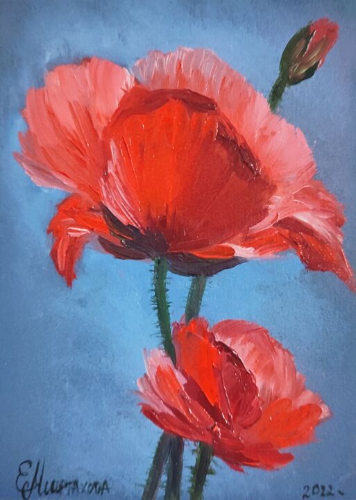 Pintura intitulada "Poppies Painting Or…" por Elena Miftakhova, Obras de arte originais, Óleo
