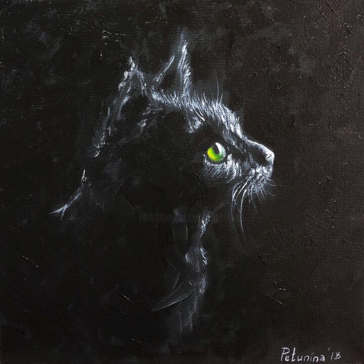 Painting titled "Night guest" by Elena Petunina, Original Artwork, Oil Mounted on Wood Stretcher frame