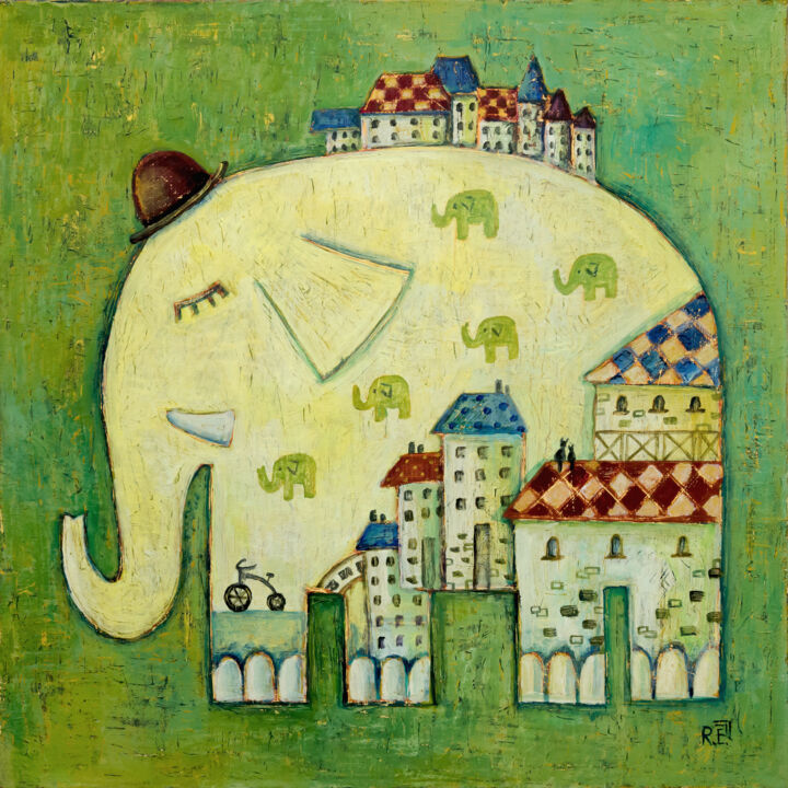 Painting titled "Elephant in the City" by Elena Razina, Original Artwork, Acrylic Mounted on Wood Stretcher frame