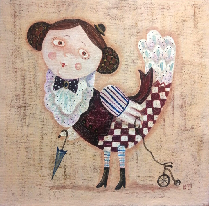 Painting titled "Птица счастья в сти…" by Elena Razina, Original Artwork, Acrylic Mounted on Wood Stretcher frame