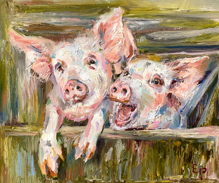 Painting titled "Funny piglets in oi…" by Elena Reutova, Original Artwork, Oil