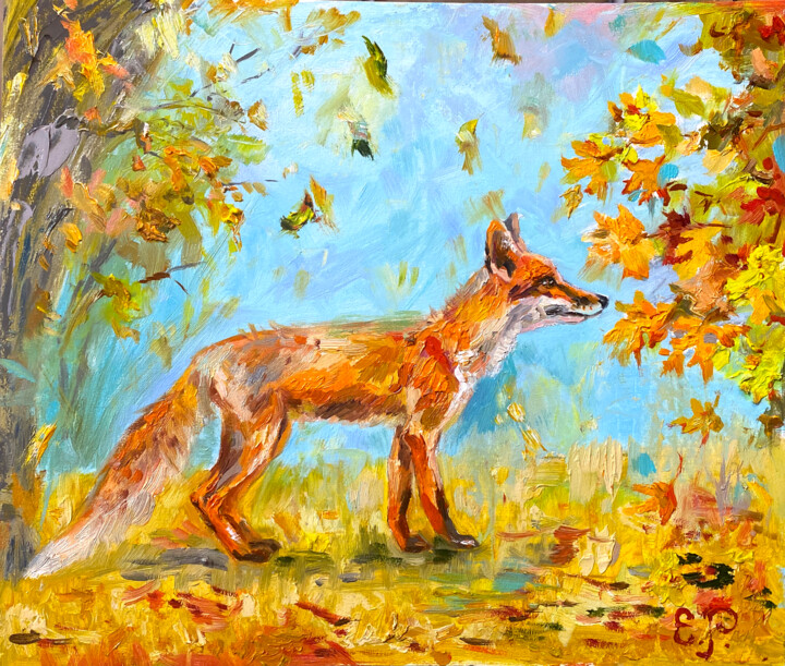 Painting titled "Fox among the fox f…" by Elena Reutova, Original Artwork, Oil