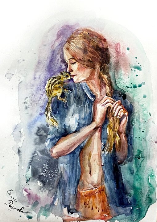 Painting titled "Girl and chipmunk." by Elena Reutova, Original Artwork, Watercolor