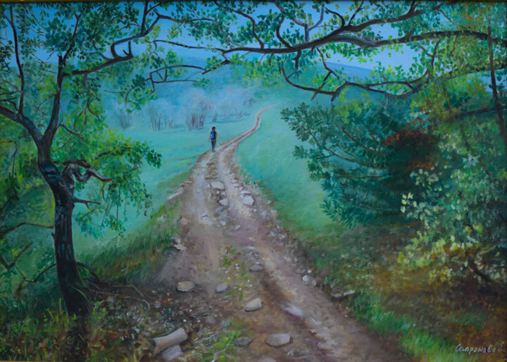 Painting titled "Forest Road" by Elena Sapronova, Original Artwork, Oil