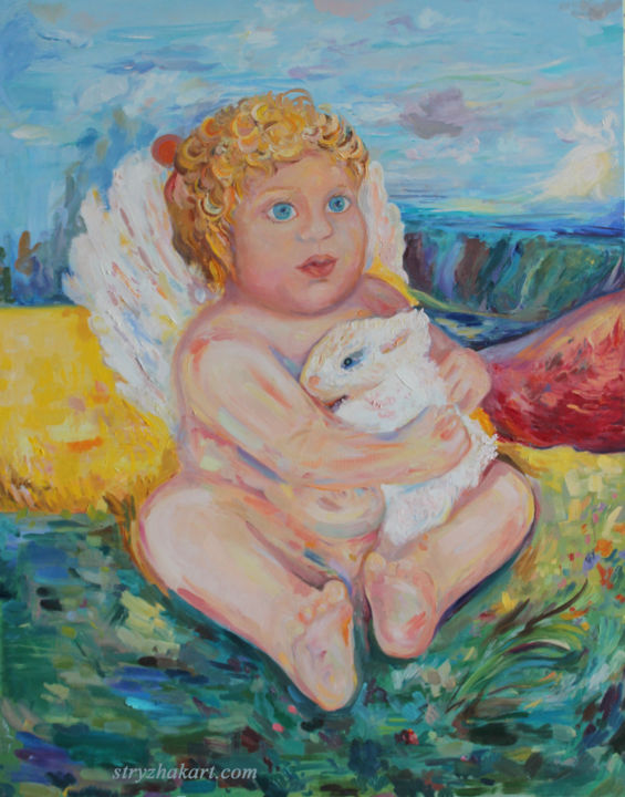 Картина под названием "angel-and-light-rab…" - The Color Of Life, Подлинное произведение искусства, Масло