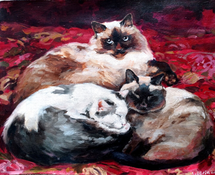 Painting titled "Cats on Japanese bl…" by Elena Utkina, Original Artwork, Oil