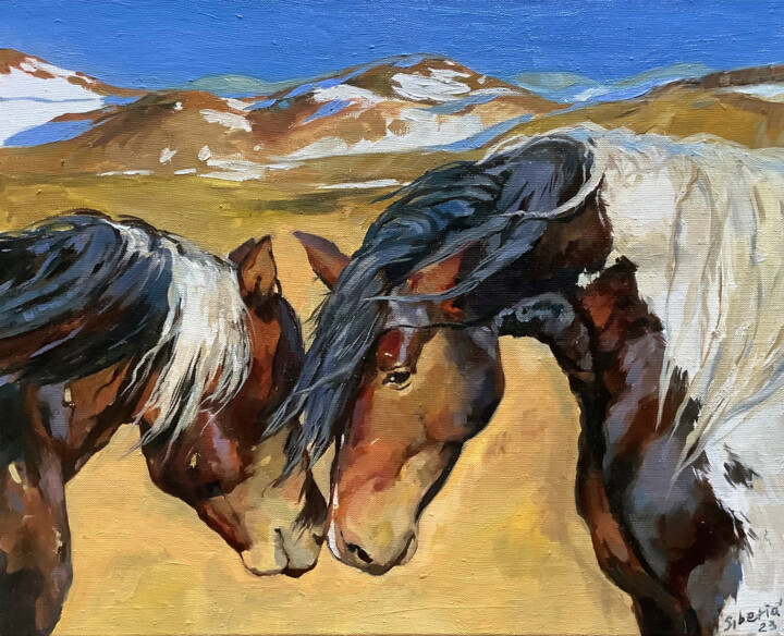 Pintura titulada "Horses on a mountai…" por Elena Utkina, Obra de arte original, Oleo