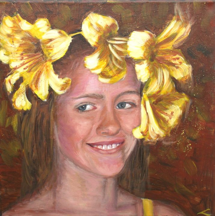Schilderij getiteld "Lily girl" door Elena Sokolova, Origineel Kunstwerk, Olie