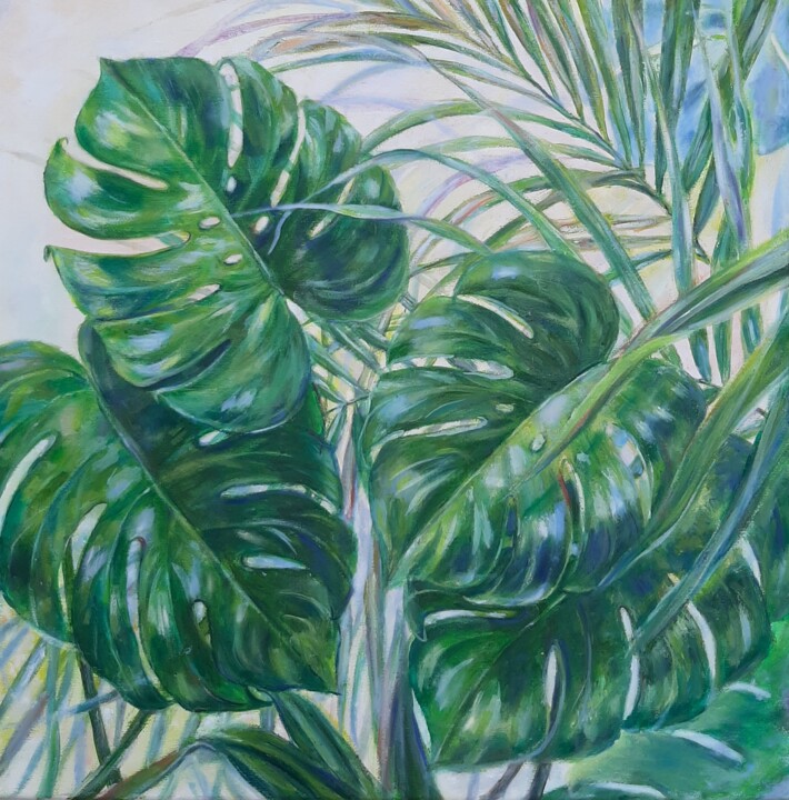 Painting titled "monstera leaves" by Elena Shchenina, Original Artwork, Oil