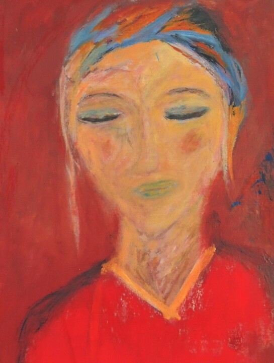 제목이 "WOMAN IN RED"인 미술작품 Eleni Pappa Tsantilis로, 원작, 기름 나무 들것 프레임에 장착됨