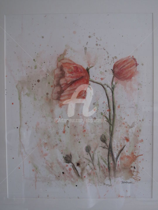 Schilderij getiteld "coquelicots-aquarel…" door Elisabeth Le Prunenec, Origineel Kunstwerk, Aquarel Gemonteerd op Glas