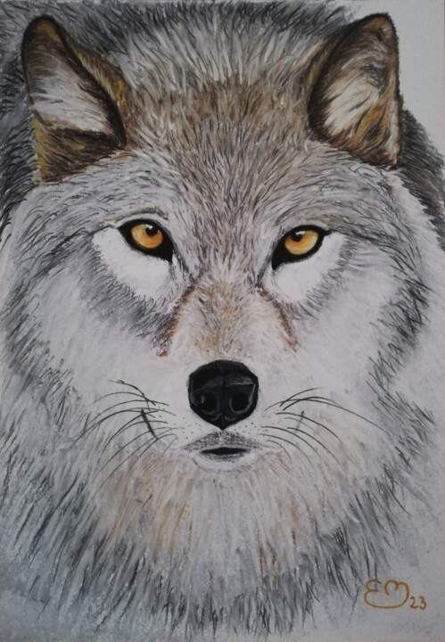 Tekening getiteld "Loup gris" door Élisa Brun, Origineel Kunstwerk, Pastel Gemonteerd op Houten paneel