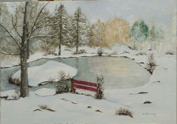 Peinture intitulée "Le banc rouge" par Elisabeth Moliner, Œuvre d'art originale, Acrylique