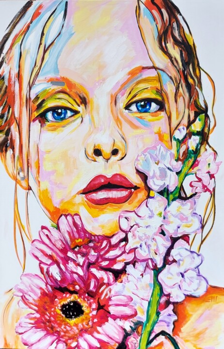 Painting titled "DONNA IN FIORE" by Elisabetta Maistrello, Original Artwork, Acrylic Mounted on Wood Stretcher frame