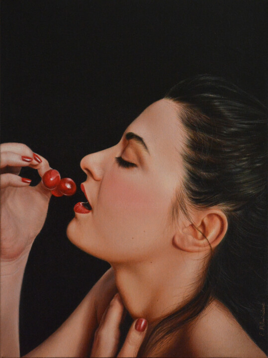 Картина под названием ""Woman eating cherr…" - Elisabetta Palmisciano, Подлинное произведение искусства, Масло Установлен на…