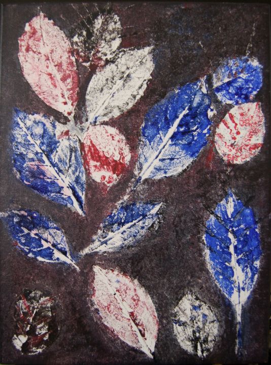 Druckgrafik mit dem Titel "Feuilles bleues, ro…" von Elitrompe, Original-Kunstwerk, Gouache