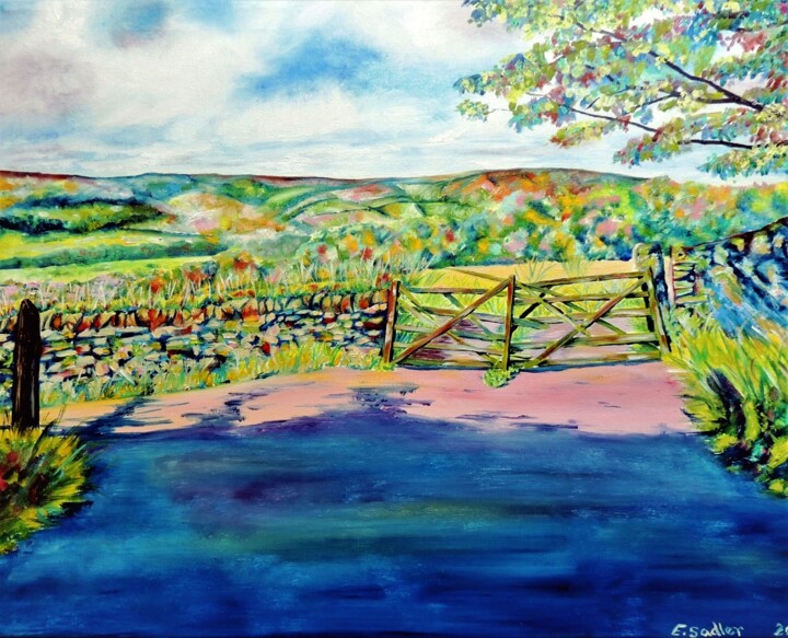 Painting titled "The Old Wooden Gate…" by Elizabeth Sadler, Original Artwork, Oil Mounted on Wood Stretcher frame