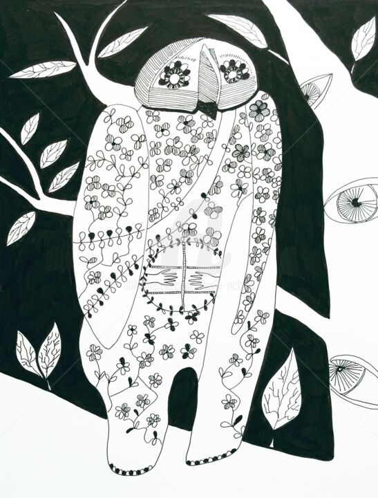Dessin intitulée "The Owl Wisdom" par Elodie M. Richard, Œuvre d'art originale, Encre