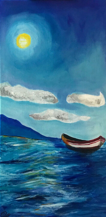 Pintura intitulada "Red boat blue ocean" por Els Devrieze, Obras de arte originais, Acrílico