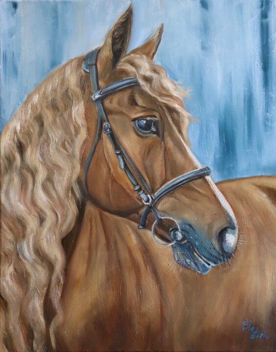 제목이 "Wavy horse in blue…"인 미술작품 Elena Ushanova로, 원작, 기름 나무 들것 프레임에 장착됨