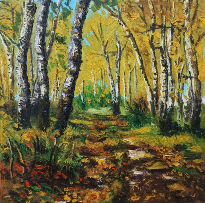 Painting titled "Autumn in the Forest" by Elvi Ismailaga, Original Artwork, Oil