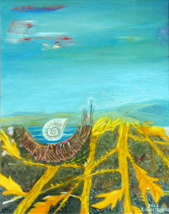 Peinture intitulée "Pejzaż z żółtymi ga…" par Elżbieta Goszczycka, Œuvre d'art originale, Huile