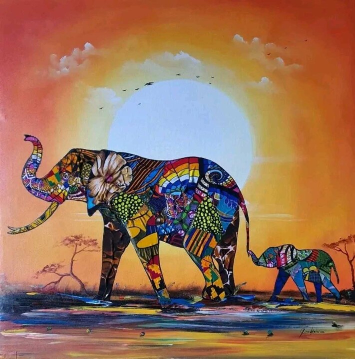 Collages titled "Sunset elephants" by Ema Kato, Original Artwork, Acrylic