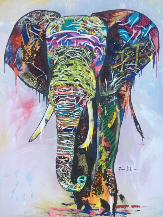Collages titled "African elephant" by Ema Kato, Original Artwork, Acrylic