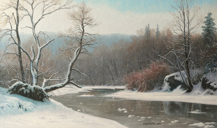 Schilderij getiteld "Winter by the river" door Emil Mlynarcik, Origineel Kunstwerk, Olie Gemonteerd op Frame voor houten bra…